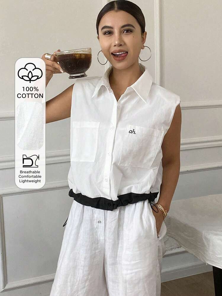 Women's Casual Sleeveless Patchwork Color Block Letter Embroidery Loose Padded Shoulder Turndown Collar Blouse Top, Summer