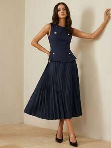 Aveloria Rosie Fashionable Commuter Thick Fabric + Pleated Hem Skirt Sleeveless Dress, Early Autumn - Navy Blue - View 6
