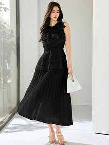Heiryn Women's Sleeveless Ruffle Tiered A Line Long Dress Elegant Classy Pleated Maxi Dress In Black For Evening Party Dinner Summer - Black - View 7