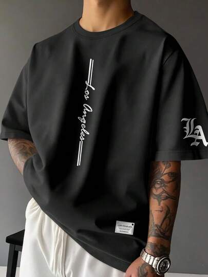 Manfinity EMRG 加大码男士字母印花圆领短袖休闲T恤