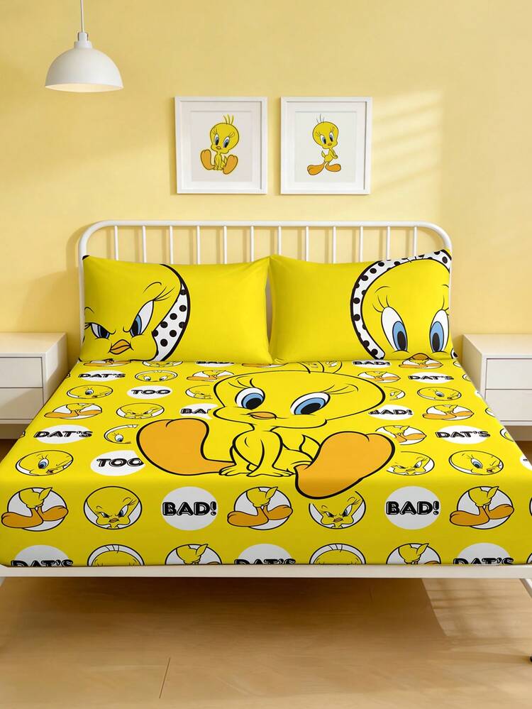 LOONEY TUNES X SHEIN 1 pieza Colchón impreso Cui Di amarillo, suave y cálido, cómodo y transpirable, múltiples tamaños, adecuado para cama individual/cama doble/cama queen/cama king, lavable a máquina - Amarillo - Añade 2