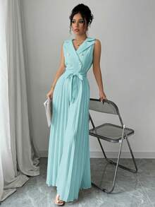 Selianne Women's Elegant Apricot Double-Breasted Design Pleated Jumpsuit, Suitable For Spring And Autumn - Blue - View 4