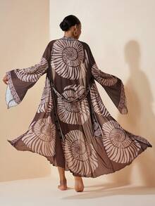 Zivah 2026 女士度假休闲沙滩薄纱印花长款和服式罩衫 - 棕色 - 查看 2