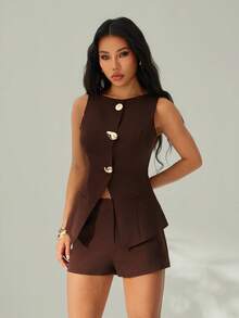 SHEIN PETITE Conjunto de dos piezas elegante, sencillo, sofisticado, de moda, para ir al trabajo, urbano, moderno y casual para mujer con hebilla metálica, chaleco y pantalones cortos en color marrón. - Marrón - Ver 6