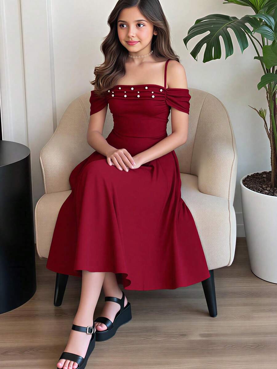 少女针织/圣诞节/派对/节日仿珍珠串珠吊带背心裙，返校裙，返校装，秋季连衣裙，连衣裙，儿童派对连衣裙，女孩红色长裙 - 酒紅色 - 查看 1