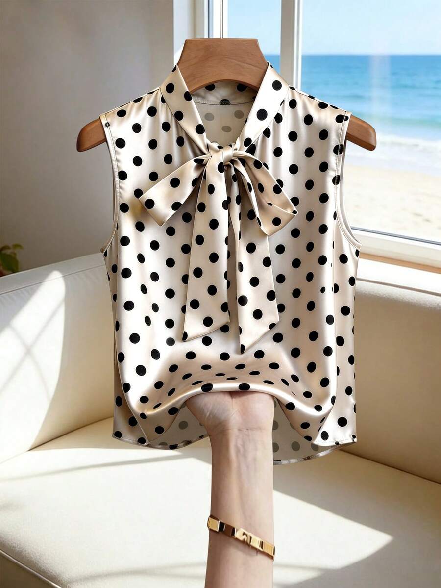 Franclia 极简时尚缎带领宽松无袖醋酸纤维印花休闲女式衬衫 - 杏色 - 查看 1