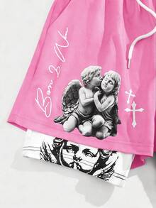 ROMWE MEN Goth Men's Cross And Angel Print Drawstring Waist Sports Shorts - Pink - View 3