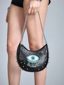 ROMWE Goth Túi đeo vai nữ bằng da PU đính hạt cườm hình mắt, trang trí đinh tán, hoàn hảo cho mùa tựu trường và các bữa tiệc. - màu đen - Xem 4