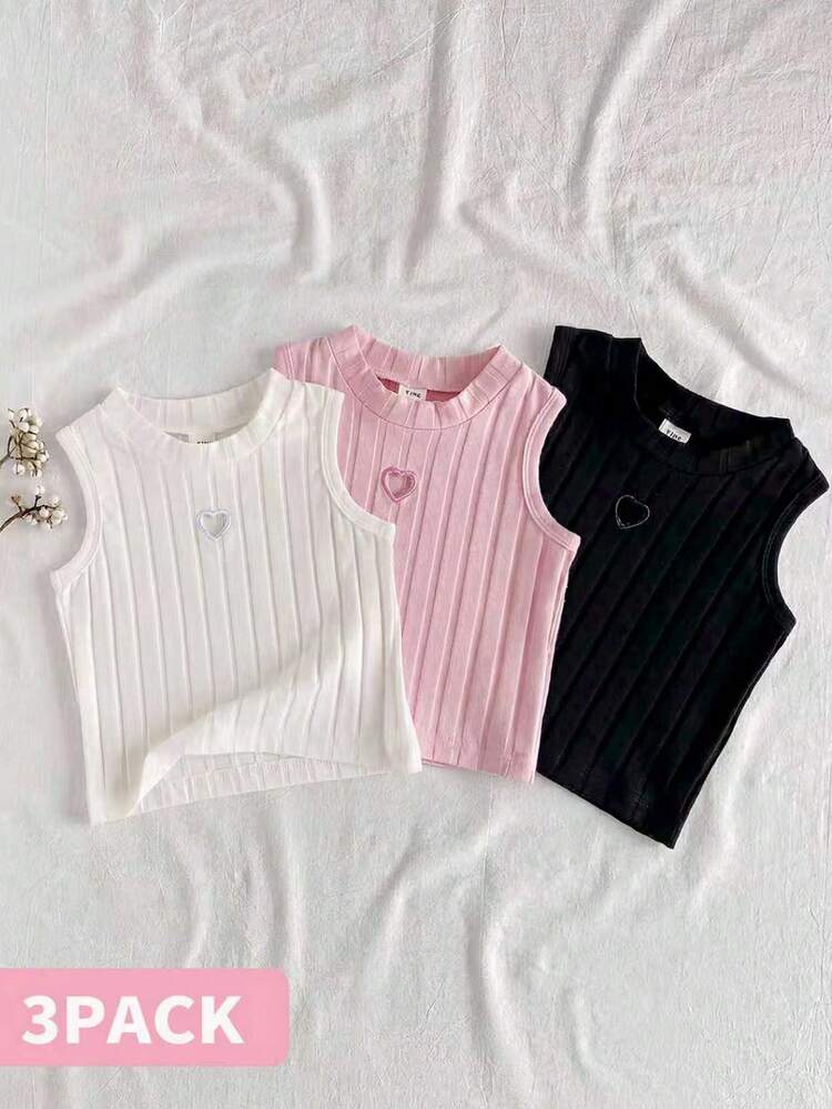 Playful Pals 3 gói áo tank top cami không tay dệt gân thêu hình trái tim phong cách dễ thương ngọt ngào cho bé gái, trẻ chập chững, trẻ em tiền thiếu niên, màu trắng và hồng, mặc mùa hè đi học - Nhiều màu - Xem 9