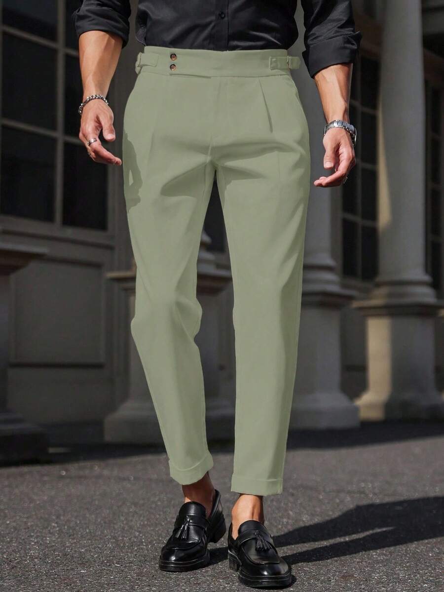 Manfinity Mode Men's Solid Color Pleated Slant Pocket Casual Pants, Formal - Army Green - View 1