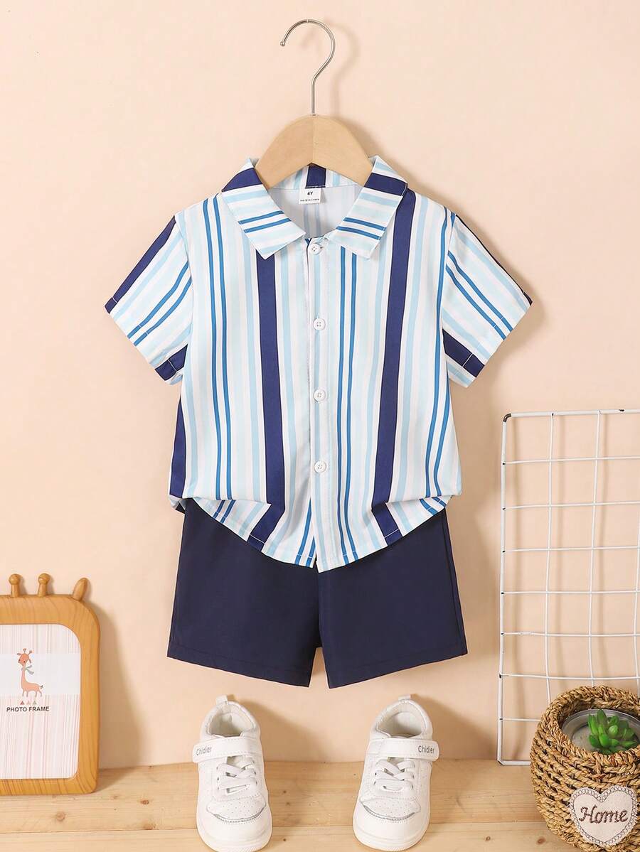 SHEIN 2件套男童夏季休闲条纹前开襟短袖衬衫和短裤 - 藍色 - 查看 1