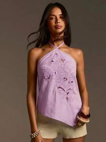 Athîral Áo kiểu nữ màu xám, cổ yếm, không tay, hở vai, vạt bất đối xứng, thích hợp cho kỳ nghỉ hè/mùa xuân. - Màu tím hoa cà - Xem 4