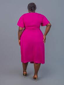 CurvyTilda Plus Size Solid Color Round Neck Short Sleeve Twist Summer Dress - Red Violet - View 2