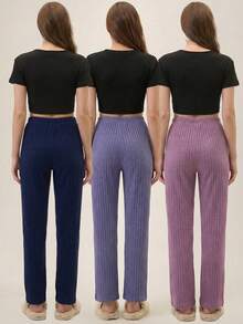 EURMUSE 100%Cotton 3 Pcs Solid Knit Pant Set - Multicolor - View 2