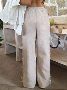 SHEIN EZwear Quần ống rộng nữ cạp chun, kiểu dáng thường ngày, đa năng, thích hợp mặc hàng ngày. - Màu be - Xem 2