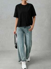 SHEIN Essnce 柔软纯棉女士简约基础款短前长后长时尚T恤，适合外出、搭配、旅行和度假。 - 黑色 - 查看 8