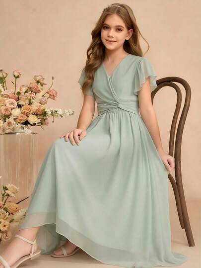 Tween Girls' V-Neck Solid Color Ruched Flutter Sleeve A-Line Dress, Elegant Flower Girl/Bridesmaid Dress For Party, Wedding, Holiday