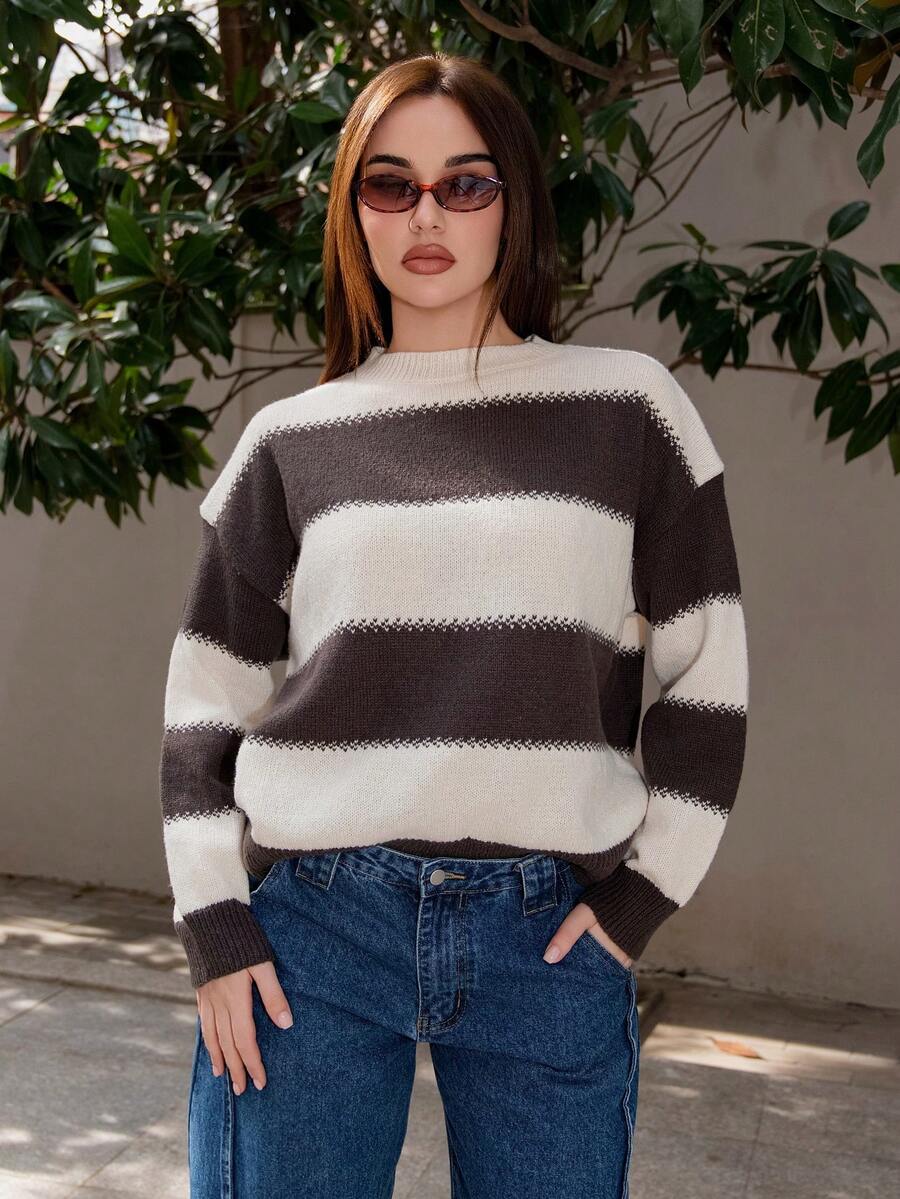 Bris Aura 条纹宽松圆领女式毛衣，长袖，秋季女装 - 咖啡棕 - 查看 1