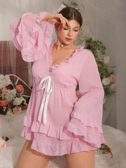 Große Größen Damen V-Ausschnitt Volantärmel Schleife Vorne Nachthemd