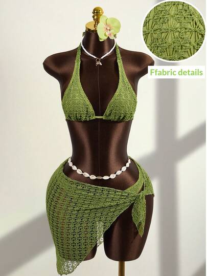 Zestiva 3件套女士镂空花卉纹理系带泳衣套装