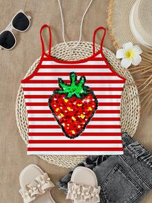 SHEIN Y2K Inspired Casual Retro American Red Striped & Strawberry Print Camisole Tank Top, Versatile Summer Outfit For Young Girls - Multicolor - View 2