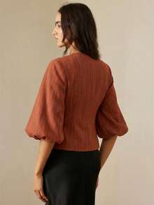 Aveloria Rosie Elegant French Retro Romantic Luxury High-End Design Herringbone Round Neck 3/4 Petal Sleeve Cinched Waist Slim Metal Button Women's Blazer - Orange - View 3