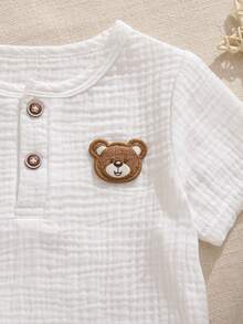 Souflis Souflis 2pcs/Set Cute Bear Pattern Short Sleeve Top And Pants Set, Casual French Style Baby Boy Outfit Baby Boy Short Set - White - View 7