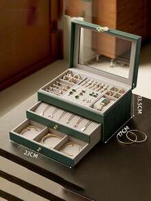 1pc Light Luxury Elegant Jewelry Storage Box, Suitable For Storing And Displaying Rings, Bracelets, Necklaces, And Earrings. High End Exquisite Multi-Layer Drawer Style Jewelry Storage Box With Large Capacity - Green - View 8