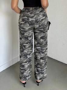 Alexandranx 女士休闲宽松口袋阔腿迷彩牛仔裤，牛仔裤 - 軍綠色 - 查看 2