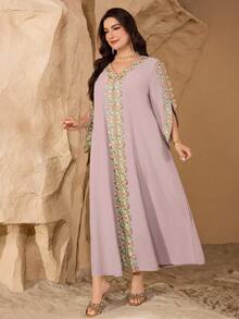 Al Najma Plus Size Solid Color Lace Trim Women Turkish Long Tunic, Arabic Traditional Long Dress - Dusty Pink - View 3
