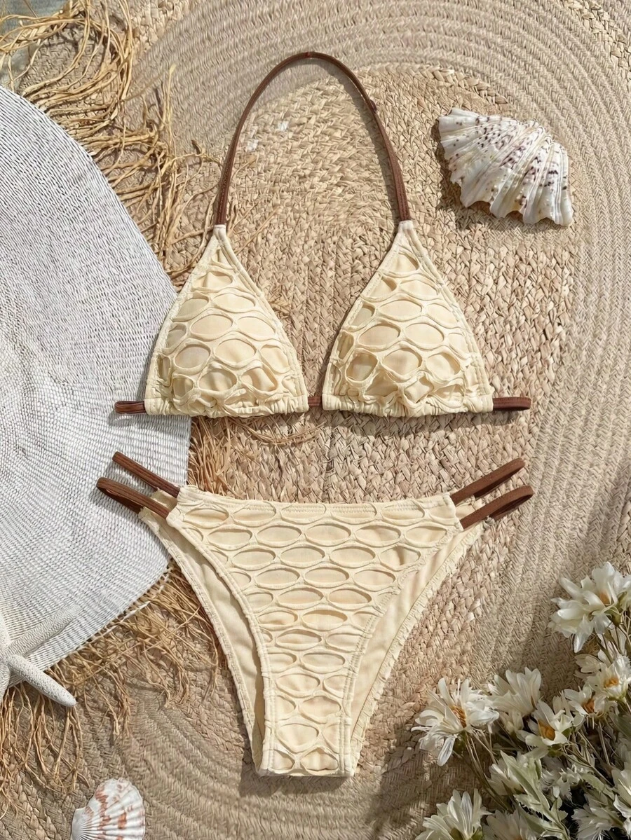 SHEIN 少女纯色纹理吊带背心式比基尼上衣和泳裤套装,夏季可爱比基尼套装 - 彩色 - 查看 1