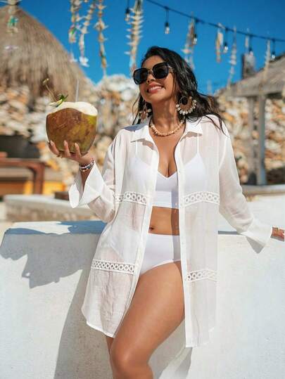 Swim Lushoire 大码女式白色喇叭袖蕾丝拼接罩衫，休闲沙滩和服式罩衫