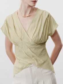 Aalyst 女士春夏休闲套装，适合新年、情人节、复活节、母亲节、中东婚礼等场合，优雅简约的办公/浪漫度假风格，V领交叉褶裥设计，收腰X形廓形，常规落肩短袖衬衫，黄色 - 杏色 - 查看 3