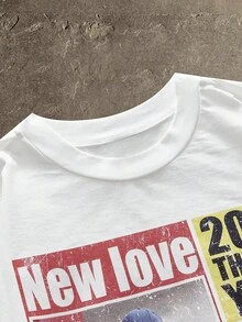 AXEPEAK Standard Size Men's Short White Boxy Newspaper Graphic T-Shirt, Summer - White - View 5