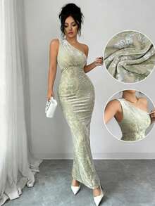 SHEIN Raffinéa Women's Green Flocked High Elasticity Mesh Bodycon Dress - Green - View 5