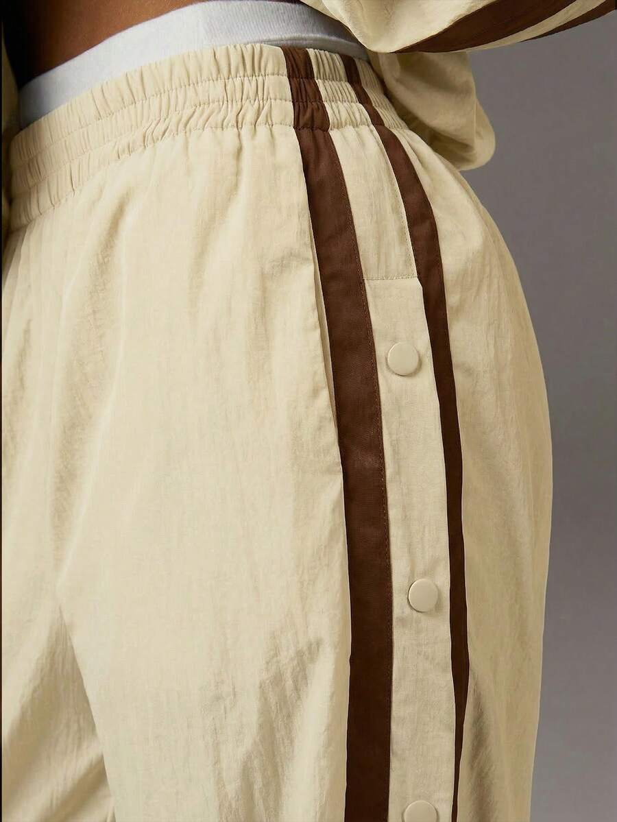 Women's Casual Sports Elastic Waist Striped Side Seam Pants - Light Yellow - View 1