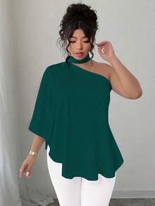 SHEIN Elenzya Plus Size Asymmetrical Shoulder Tie-Neck Printed Blouse - Dark Green - View 4