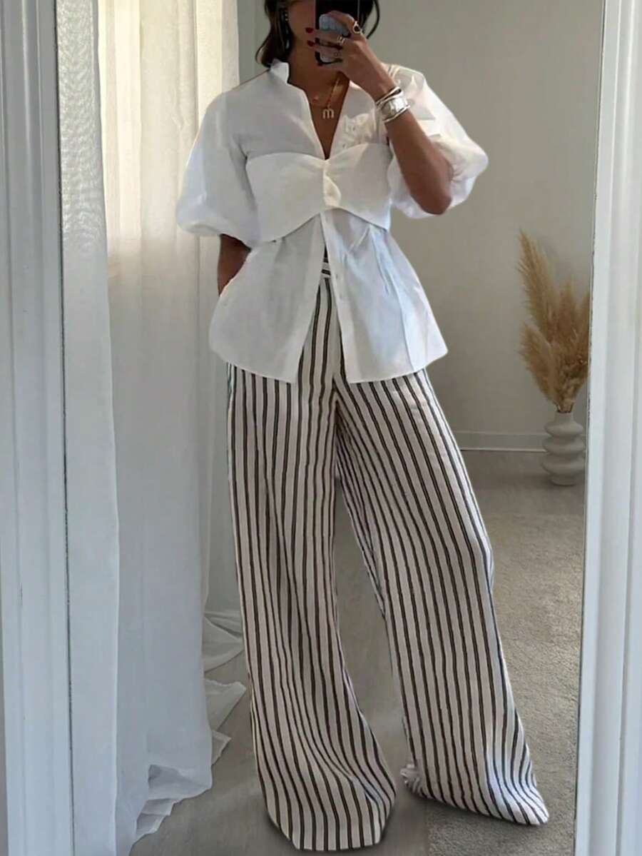 Pariaura Pantalones a rayas elegantes, casuales y de vacaciones para mujer - Blanco y Negro - Ver 1