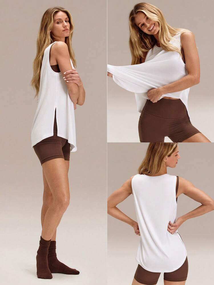 TENCEL™ Modal Smooth Sailing Lightweight Silky Smooth Hip Length Side Slit Sleeveless Active Tank Low Impact Yoga Pilates Studio Gym Daily Casual Wear