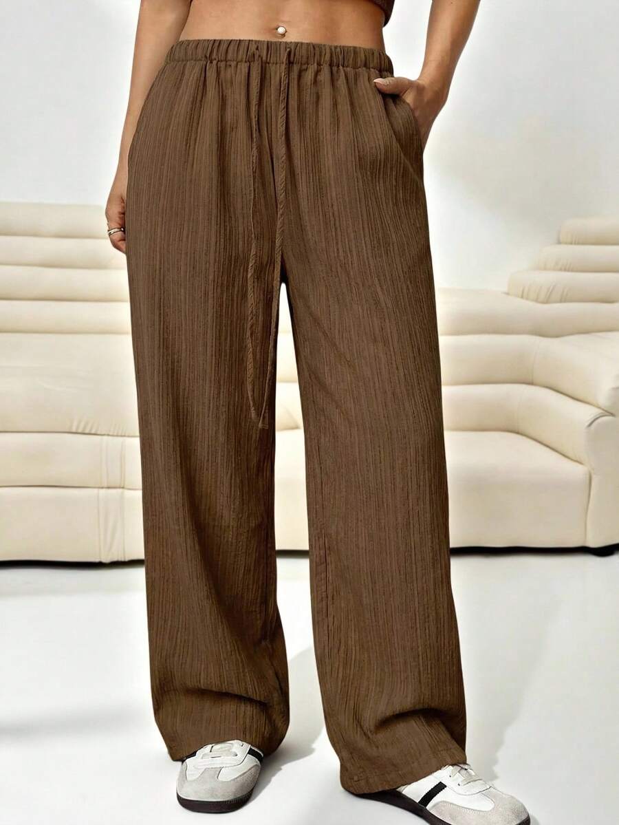 SHEIN EZwear 大码女式摩卡棕色梭织抽绳腰带口袋阔腿宽松裤 - 摩卡棕 - 查看 1