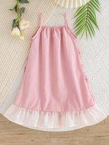 SHEIN Elladie kids 女童梭织网纱刺绣百合花缎面荷叶边吊带连衣裙，适合夏季日常穿着、外出、旅行、度假和聚会。 - 粉色 - 查看 2
