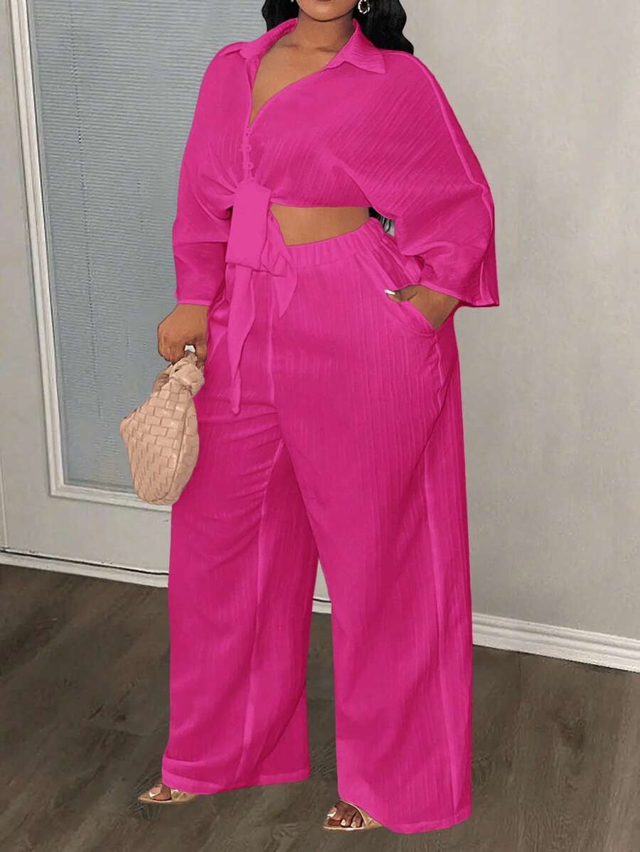 Slaydiva Bộ đồ mùa hè dành cho nữ cỡ lớn, kiểu dáng thường ngày, gợi cảm, tối giản, gồm áo tay lỡ thắt nơ và quần ống đứng. - Màu Hồng Tươi - Xem 1