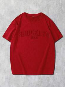 Manfinity Homme Plus Size Men's Letter Embossed Round Neck Casual Short Sleeve T-Shirt - Red - View 5
