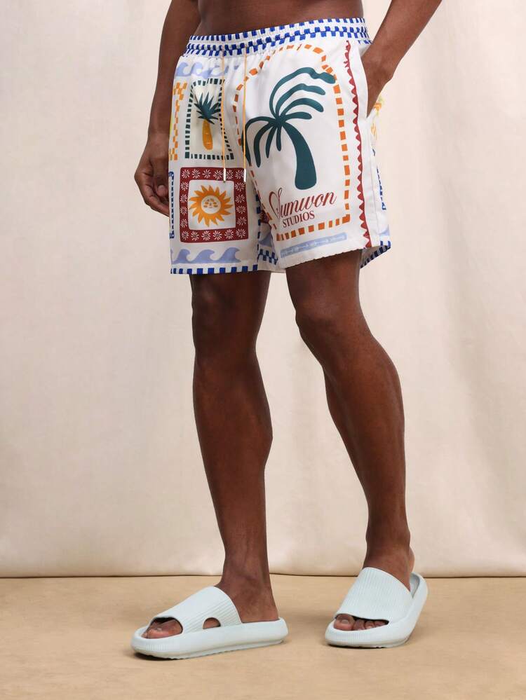 Herren Badeshorts mit geradem Saum und Vintage Reisestempel Muster, Sommer Strandshorts mit Seitentaschen, tropische Urlaubsbekleidung