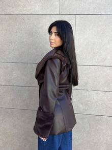 Hitanina Women's Solid Color Faux Fur Collar Long Sleeve Double-Breasted PU Leather Slim Elegant Jacket, Autumn/Winter - Coffee Brown - View 2