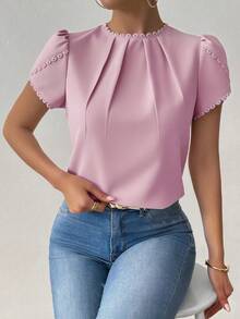Rafferiza Blus Wanita Elegan Kasual Warna Polos dengan Hiasan Renda, Kerah Berkerut, dan Lengan Bentuk Kelopak Bunga - Berwarna merah muda - View 7