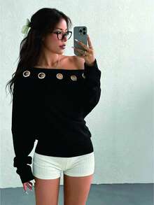 SHEIN EZwear 休闲运动街头风银色金属孔眼装饰做旧黑色轻薄不对称领卫衣，适合早春音乐节穿着 - 彩色 - 查看 7