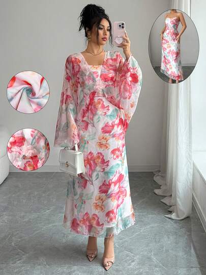 Elenzga Women's Elegant Fashion Commute Casual Comfortable Charming Retro Minimalist High-End Romantic Holiday Gentle Lady Flowing Detachable Shoulder Cardigan With Waist Tie And Floral Decor Fishtail Dress Set (Random Print)