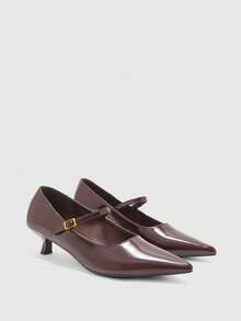 CUCCOO BIZCHIC Ladies Coffee Brown Patent Leather Pointed Metal Buckle Commuter Versatile Fashion High Heel Shoes - Coffee Brown - View 1