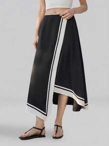 Ontre 女士黑白撞色舒适柔软高端面料哑光破洞卡纸修身腰带设计不对称下摆设计现代都市商务休闲，高品质机场休闲低调复古高端邮轮，中东简约奢华百搭必备时尚半身裙 - 黑與白 - 查看 5